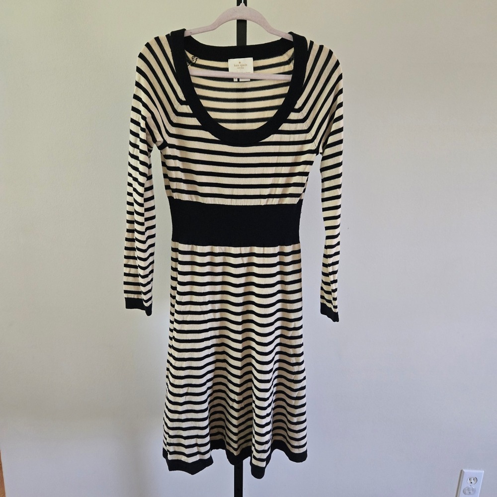 Kate Spade Striped 100% Wool Babydoll Sweater Dress Black Cream M Long Sleeve